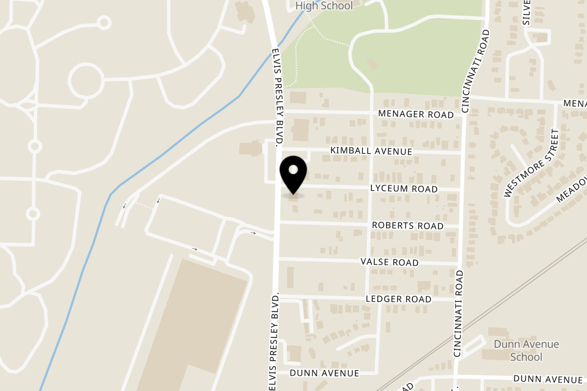 Map showing the location of A&R BBQ Elvis Presley Boulevard on 1802 Elvis Presley Blvd in Memphis